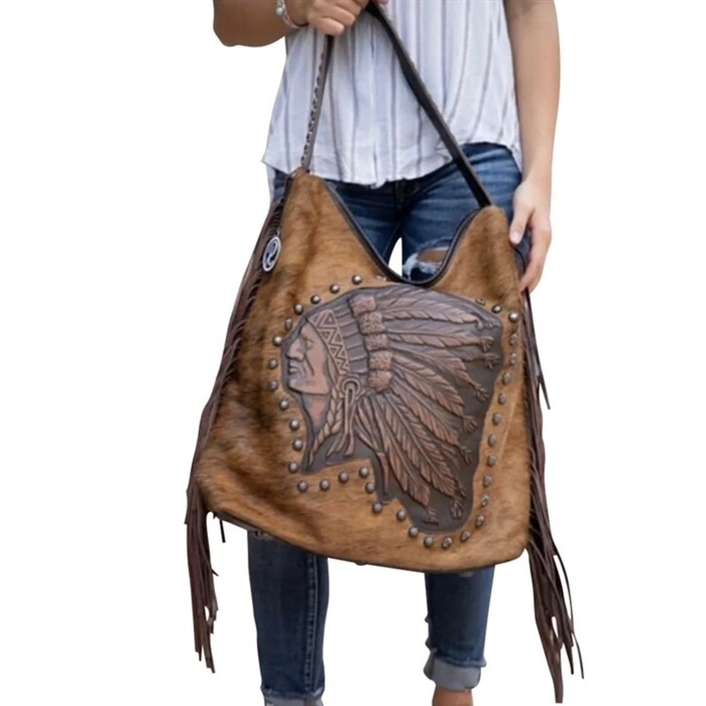 NWT Raviani Genuine Leather Brown Cowhide Hobo Bag Fringe Native American